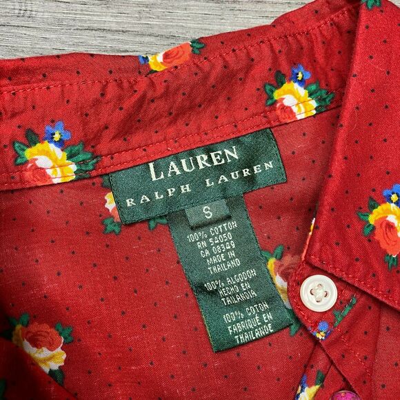 LAUREN RALPH LAUREN | sz S Women's Vintage Red Floral/Micro Dot Button Down Top - Picture 3 of 5